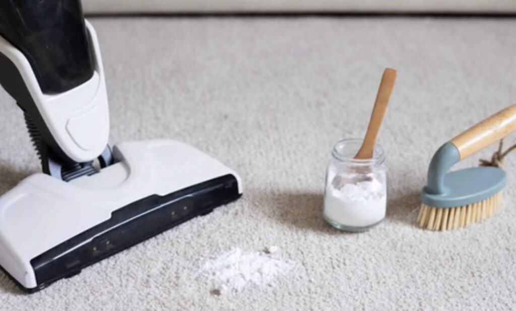 Vacuum cleaning baking soda from carpet during a DIY carpet cleaning and deodorizing treatment in a Southern Utah home.